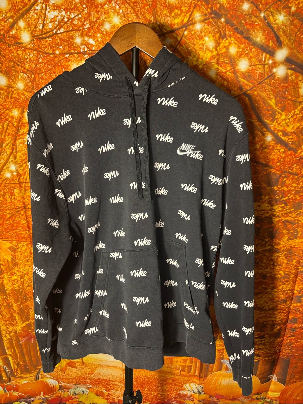 Nike Black Hoodie with All-Over White Logo Print
